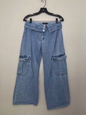 Women's Pretty Little Thing Cropped Foldover Waist Jeans Sz 2 Tall
